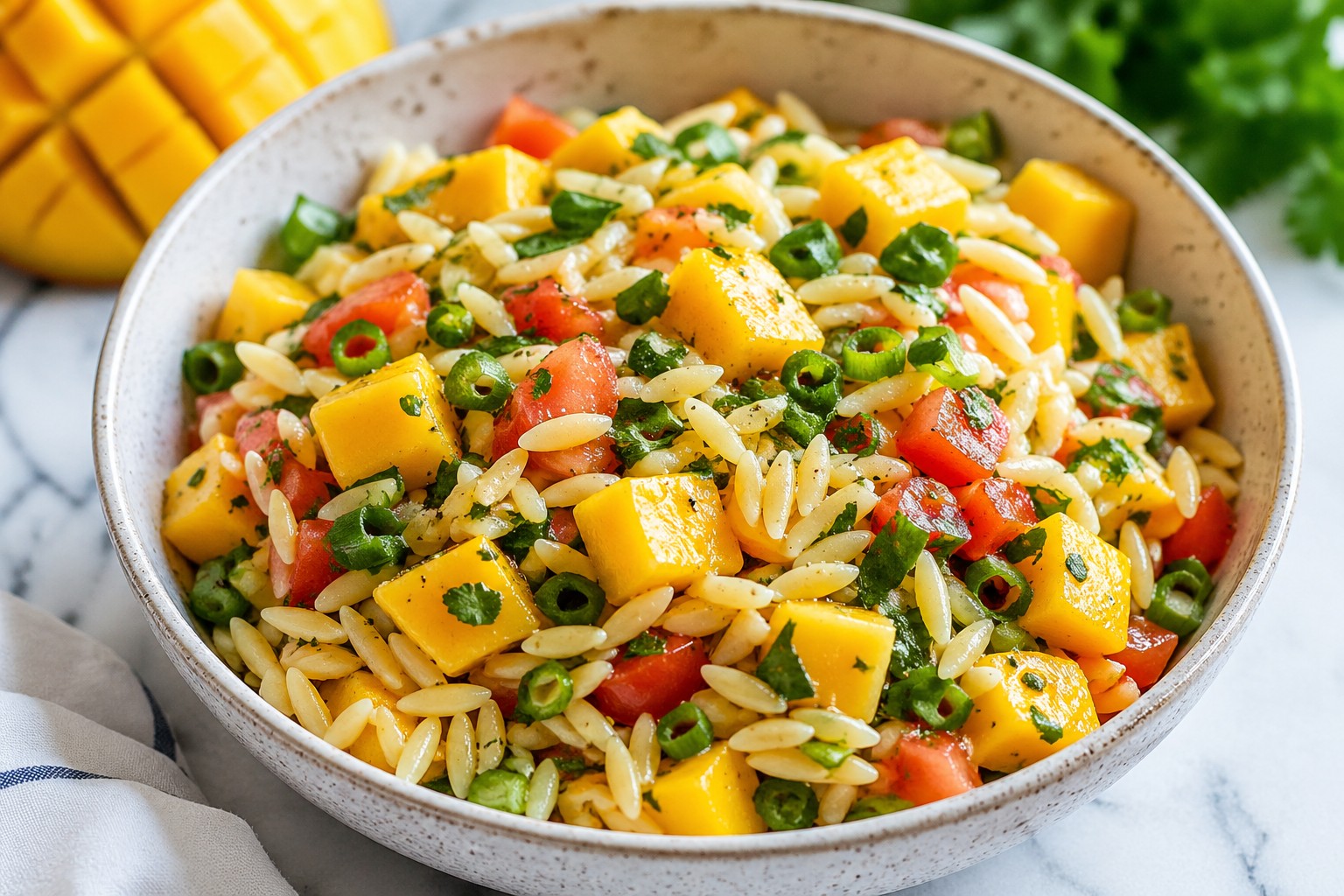 Fresh mango orzo salad with tomatoes and herbs